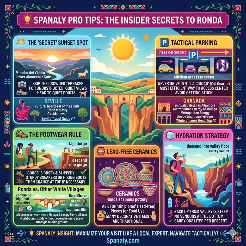 An expert travel infographic for Ronda featuring five pro tips: finding secret sunset spots, tactical underground parking, proper footwear for gorge hiking, lead-free ceramics safety, and hydration strategies.
