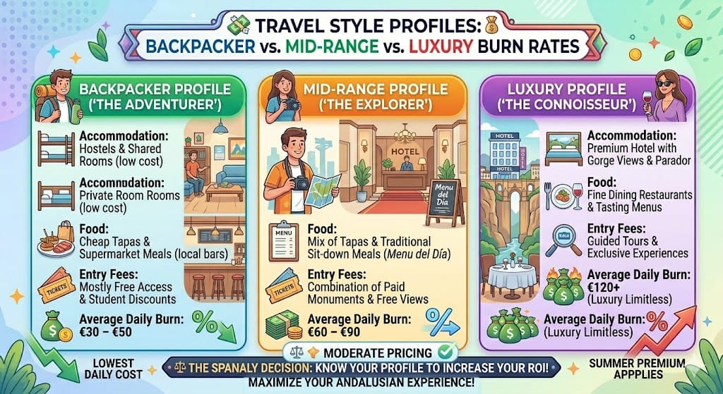 Infographic showing Ronda travel budget profiles for backpackers, mid-range, and luxury travelers with daily burn rates and expense breakdowns.