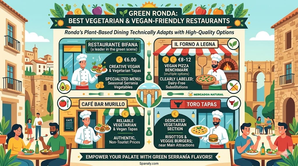 A colorful infographic guide comparing four vegetarian and vegan-friendly restaurants in Ronda, featuring creative seasonal Serranía vegetables at Restaurante Bifana, the technical benchmark for plant-based pizzas at Il Forno a Legna, authentic non-tourist prices for reliable tapas at Café Bar Murillo, and a dedicated dedicated vegetarian section featuring risottos and veggie burgers at Toro Tapas.