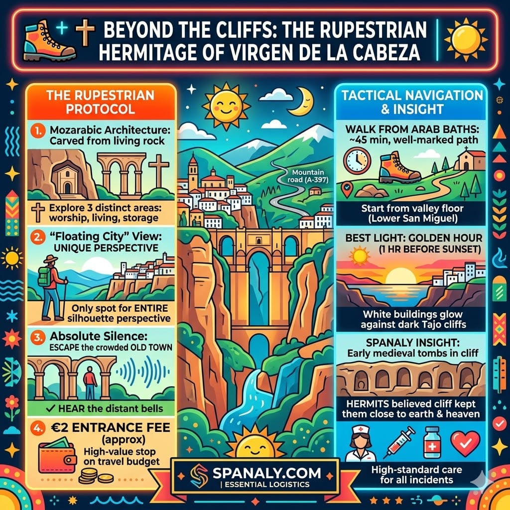 A detailed infographic titled 'BEYOND THE CLIFFS' for the Rupestrian Hermitage of Virgen de la Cabeza in Ronda, highlighting its 9th-century Mozarabic architecture carved from rock, the unique floating city view, and tactical 45-minute walking navigation from the valley floor.