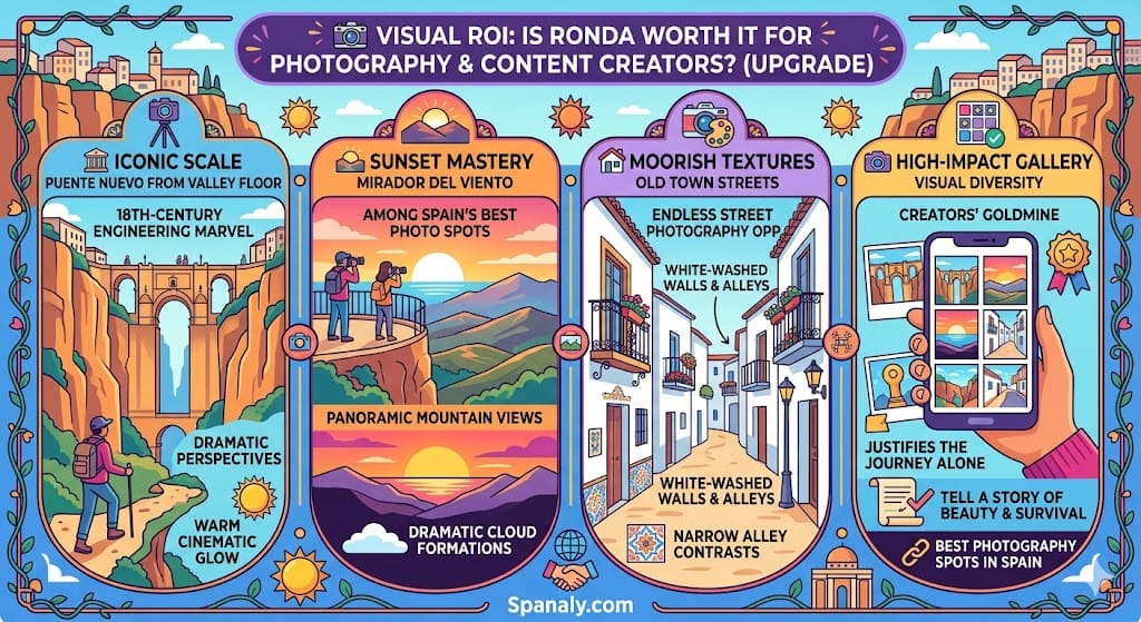 A colorful square infographic detailing four key reasons Ronda is worth it for photography and content creators, featuring detailed panels for capturing the iconic scale of Puente Nuevo, mastering clifftop sunsets at Mirador del Viento, exploring Moorish textures in white-washed alleys, and creating a high-impact travel gallery.