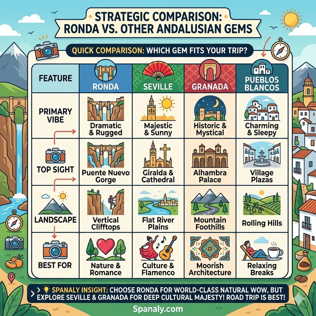 A comprehensive comparison table infographic for Andalusia travel, analyzing Ronda, Seville, Granada, and Pueblos Blancos based on primary vibe, top sights, landscape, and traveler profile.