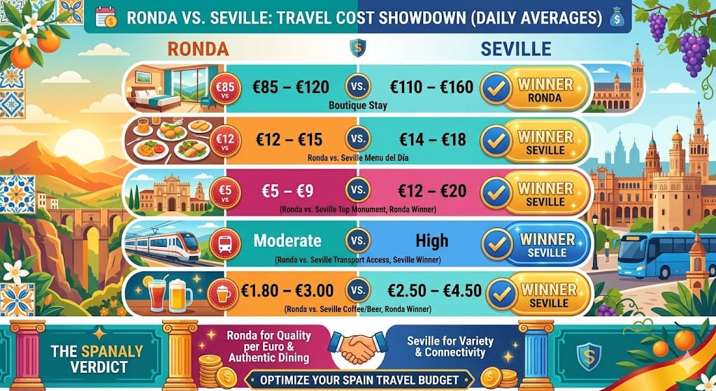 A vibrant comparison infographic of Ronda vs. Seville travel costs featuring daily averages for boutique stays, menu del dia, monuments, and transport with clear winner stamps for each category.