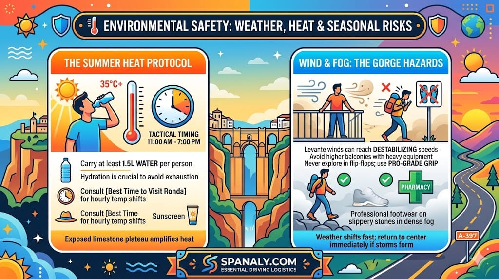 A strategic infographic for Ronda detailing environmental safety, highlighting summer heatstroke prevention, mountain wind hazards at Puente Nuevo, and the necessity of professional grip footwear for slippery limestone trails.