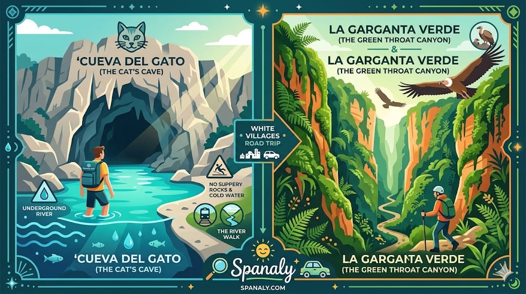 A colorful infographic illustrating wild hiking trails near Ronda, featuring the turquoise pools of Cueva del Gato and the deep vertical canyon of La Garganta Verde with vulture colonies.