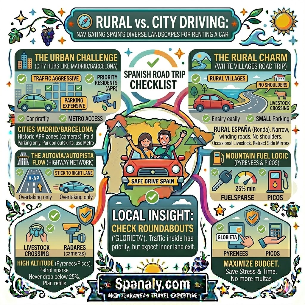 A colorful infographic comparing rural and city driving in Spain, featuring panels for urban challenges in Madrid and Barcelona, the charm of white village road trips, highway lane discipline, and mountain fuel logic for the Pyrenees.