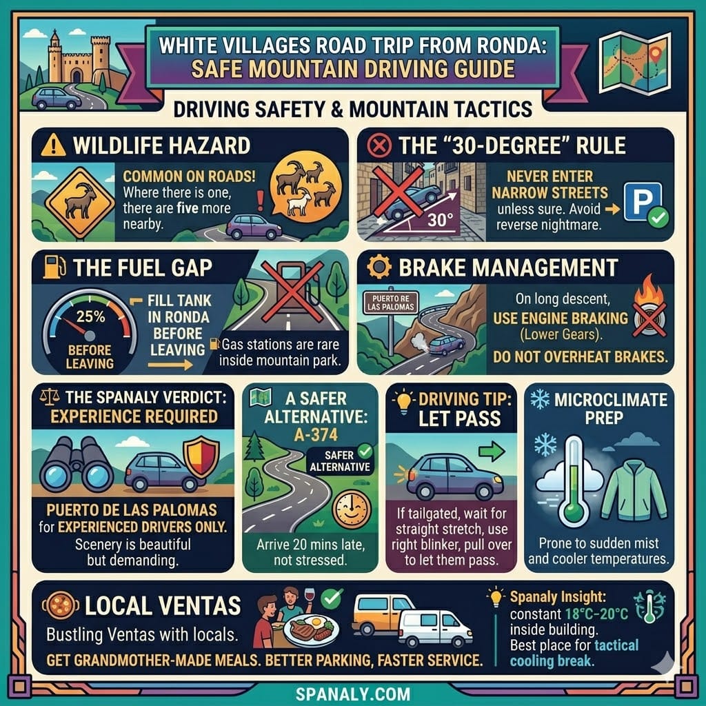 A comprehensive safety infographic for driving between Spain's White Villages, covering wildlife hazards, the 30-degree incline rule, engine braking techniques, and fuel management in the Sierra de Grazalema.