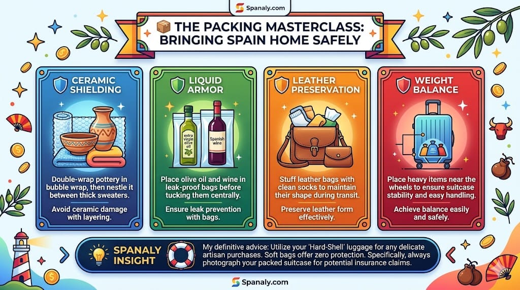 A colorful square infographic illustrating four professional packing techniques for Spanish souvenirs: ceramic shielding, liquid armor for olive oil and wine, leather preservation, and suitcase weight balance with Spanaly branding.