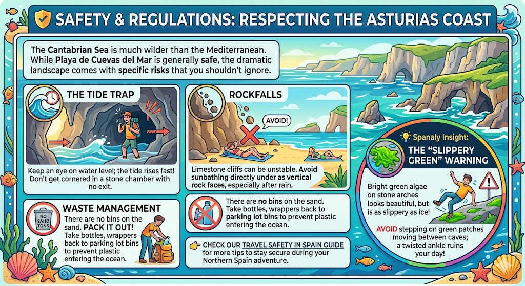 Safety infographic for Playa de Cuevas del Mar in Asturias featuring advice on the tide trap, rockfall hazards under limestone cliffs, waste management, and slippery algae warnings on stone arches.