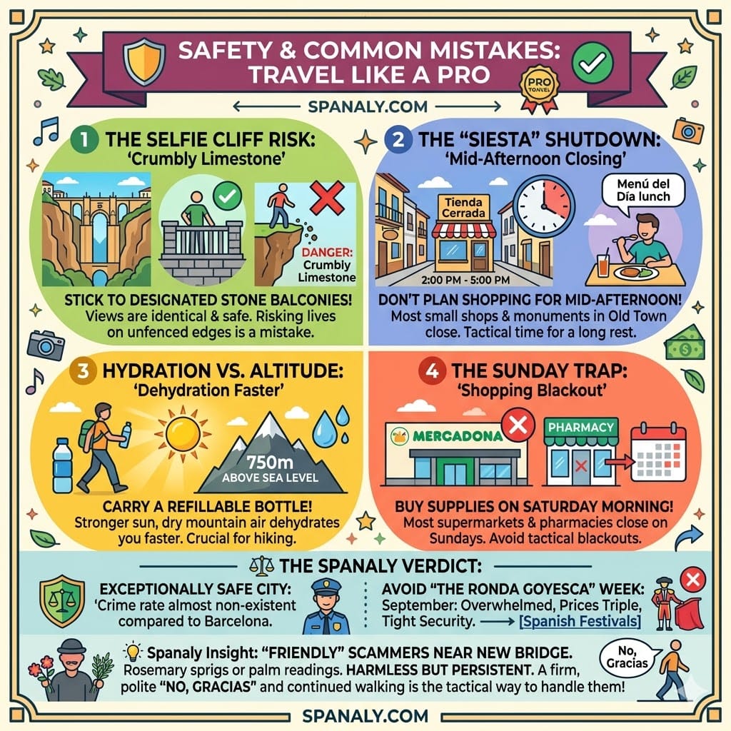 A tactical safety infographic for Ronda, Spain, warning against selfie risks on cliff edges, explaining the mid-afternoon Siesta shutdown, and providing tips on hydration and Sunday shopping closures.