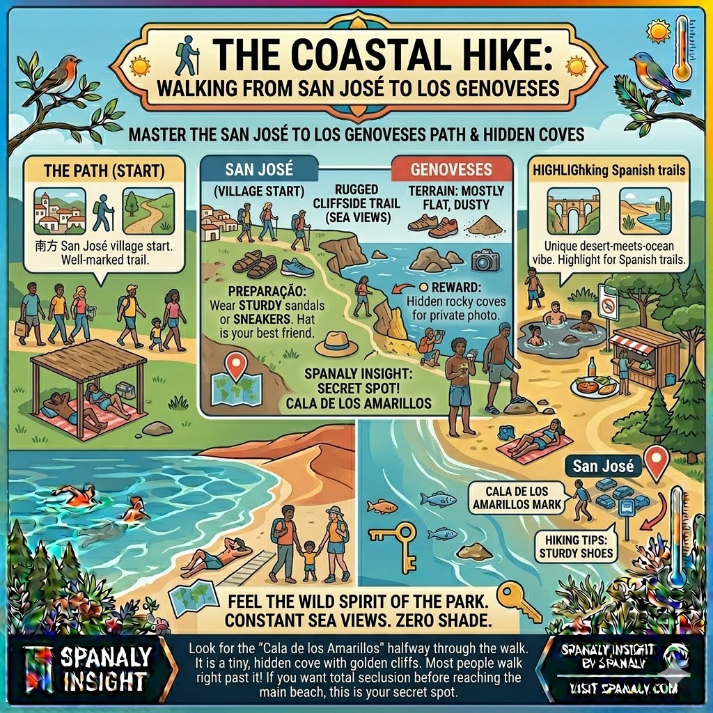 Infographic guide for the coastal hike from San José to Playa de los Genoveses featuring trail tips, hidden coves like Cala de los Amarillos, and volcanic landscapes.