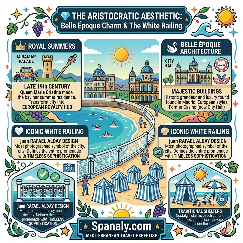 A colorful infographic illustrating the aristocratic aesthetic of La Concha Beach in San Sebastian, featuring the iconic white railing, Belle Époque architecture like City Hall, and blue and white striped tents.