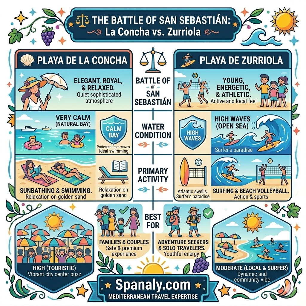 A colorful comparison infographic between Playa de la Concha and Playa de Zurriola in San Sebastian detailing the differences in wave conditions, activities, and vibes.