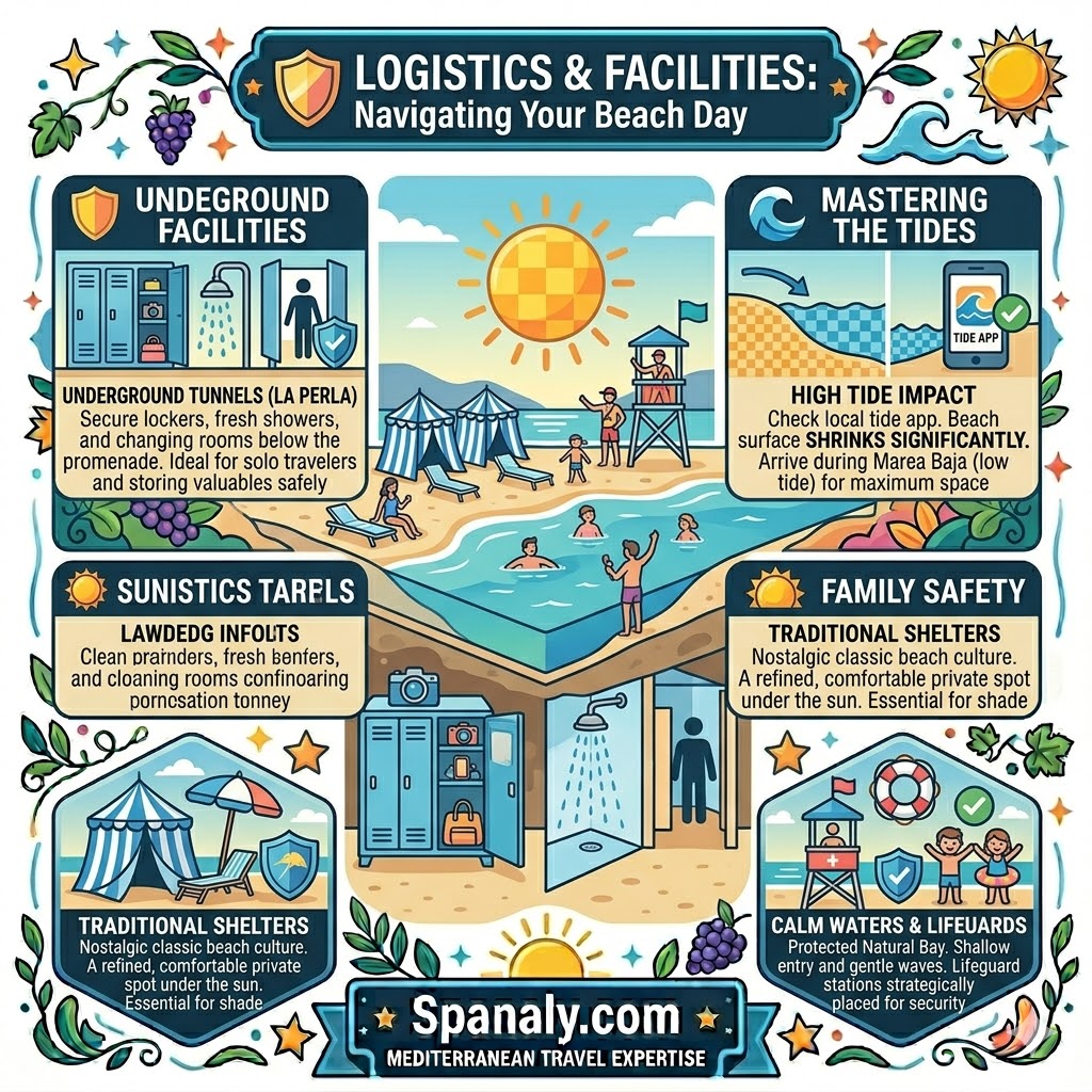 A colorful infographic for Playa de la Concha in San Sebastian showing beach facilities including underground lockers, tide tracking on mobile, blue and white tents, and lifeguard safety.