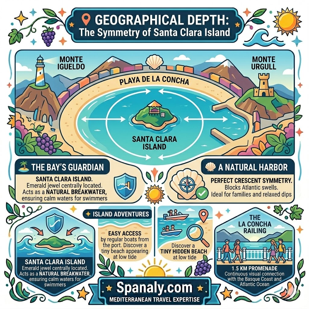 A colorful infographic map of La Concha Bay in San Sebastian showing the symmetry of Santa Clara Island acting as a natural breakwater between Monte Igueldo and Monte Urgull.