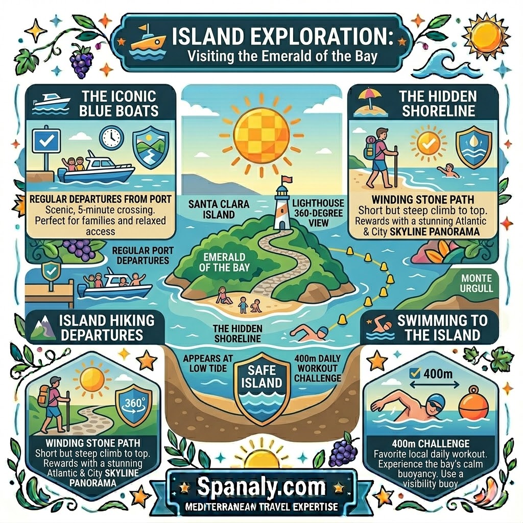 A colorful infographic illustrating exploration options for Santa Clara Island in San Sebastian, featuring the blue Motoras boats, the hidden low-tide beach, hiking paths to the lighthouse, and the swimming route from La Concha.