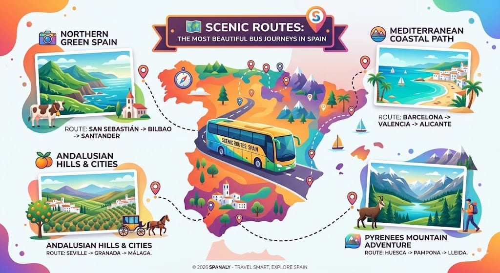 A colorful map infographic showcasing the most scenic bus routes in Spain, including Northern Green Spain, the Mediterranean coast, Andalusian hills, and the Pyrenees mountains.