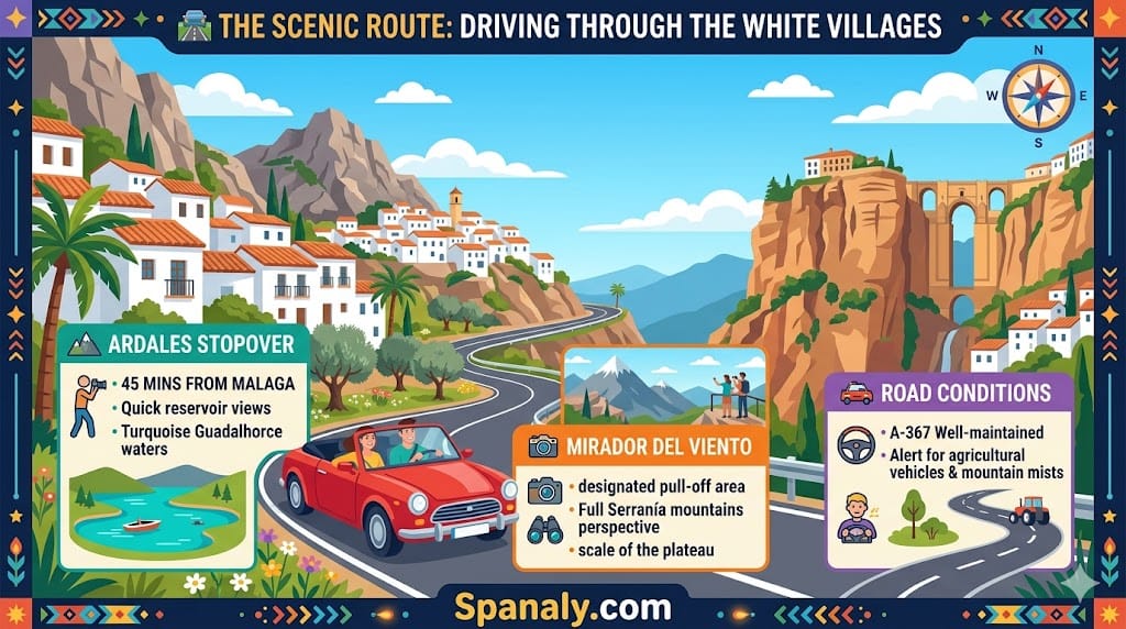 A colorful infographic showing the scenic driving route from Malaga to Ronda, featuring Ardales stopover, Mirador del Viento viewpoints, and road conditions through the white villages.