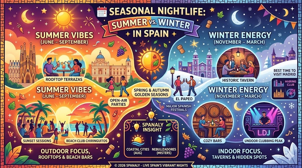A colorful infographic titled Seasonal Nightlife: Summer vs. Winter in Spain, comparing outdoor rooftop Terrazas and beach Chiringuitos in summer with historic taverns and indoor clubbing energy in winter, including expert Spanaly insights.