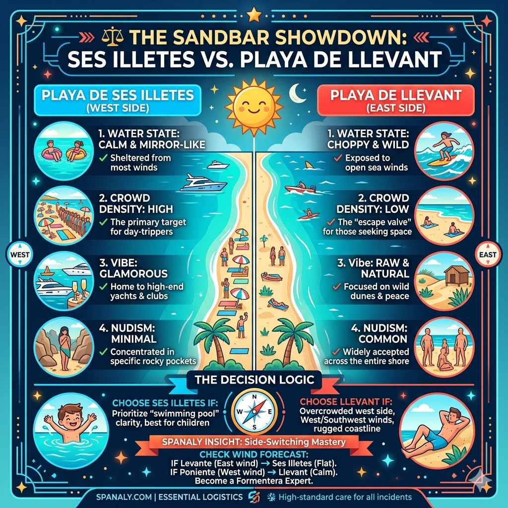 A side-by-side comparison infographic of Playa de Ses Illetes and Playa de Llevant in Formentera, highlighting differences in water state, crowd density, and wind-based decision logic for travelers.