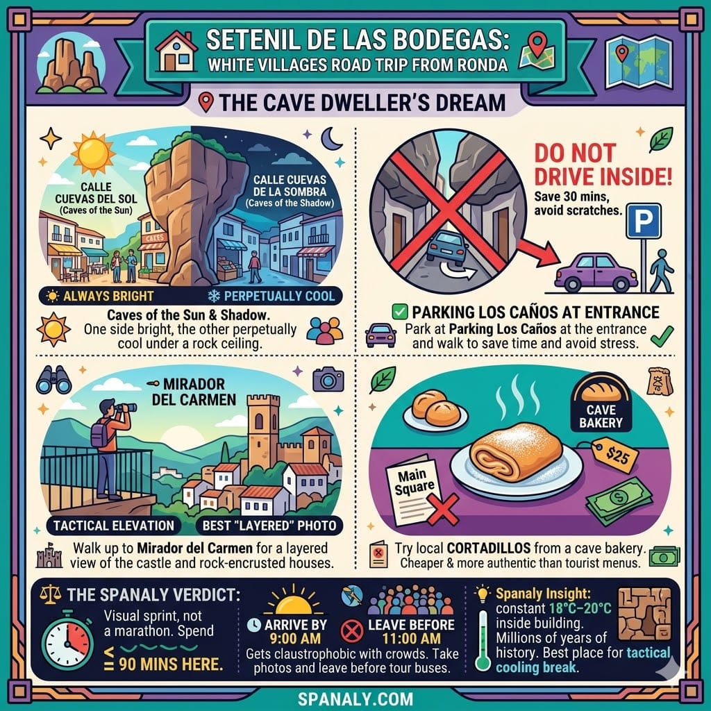 A detailed infographic guide to Setenil de las Bodegas, featuring the famous caves of the sun and shadow, tactical parking advice at Los Caños, and the Mirador del Carmen viewpoint.