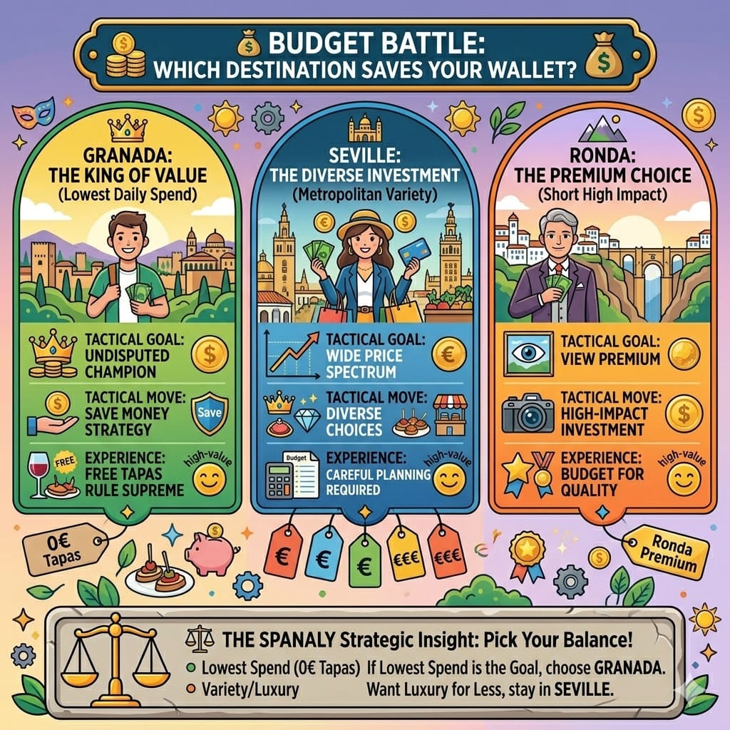 Tactical budget comparison infographic of Seville, Granada, and Ronda showing cost levels for food, accommodation, and travel ROI.