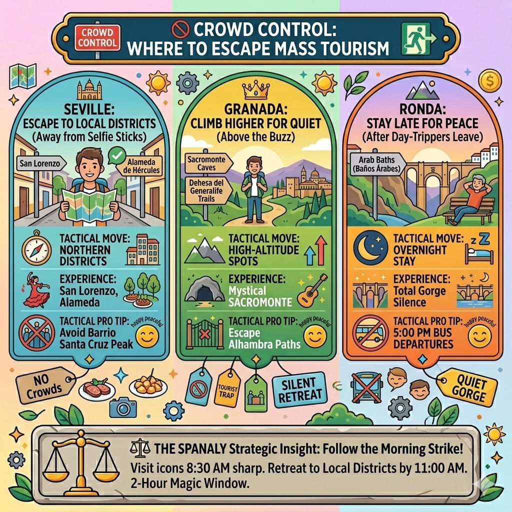 Tactical crowd control infographic for Andalusia showing secret escapes in San Lorenzo Seville, Sacromonte Granada, and overnight peace strategies in Ronda.