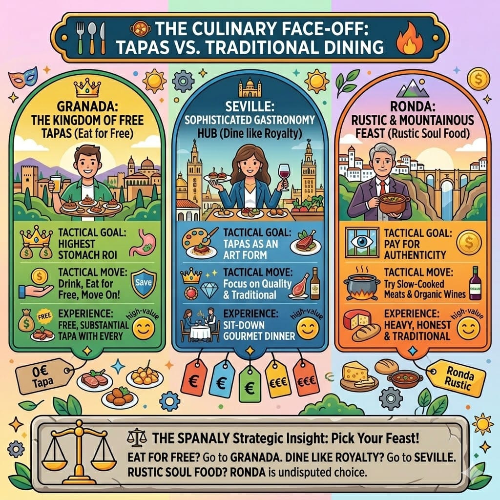 Tactical culinary infographic comparing free tapas in Granada, gourmet dining in Seville, and rustic mountain food in Ronda for the best Spanish cuisine experience.