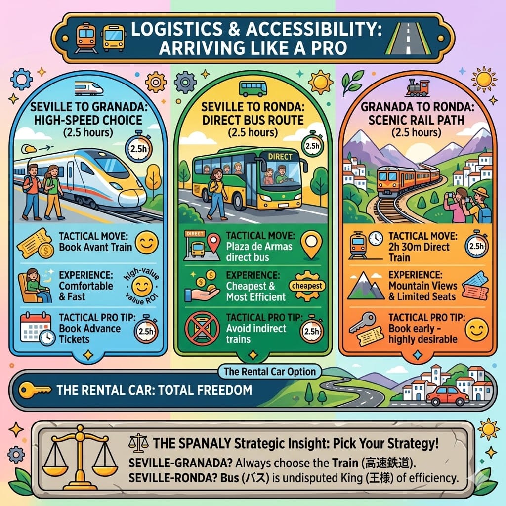 Tactical logistics infographic for Southern Spain showing transport routes like high-speed Avant train to Granada and direct bus options to Ronda.