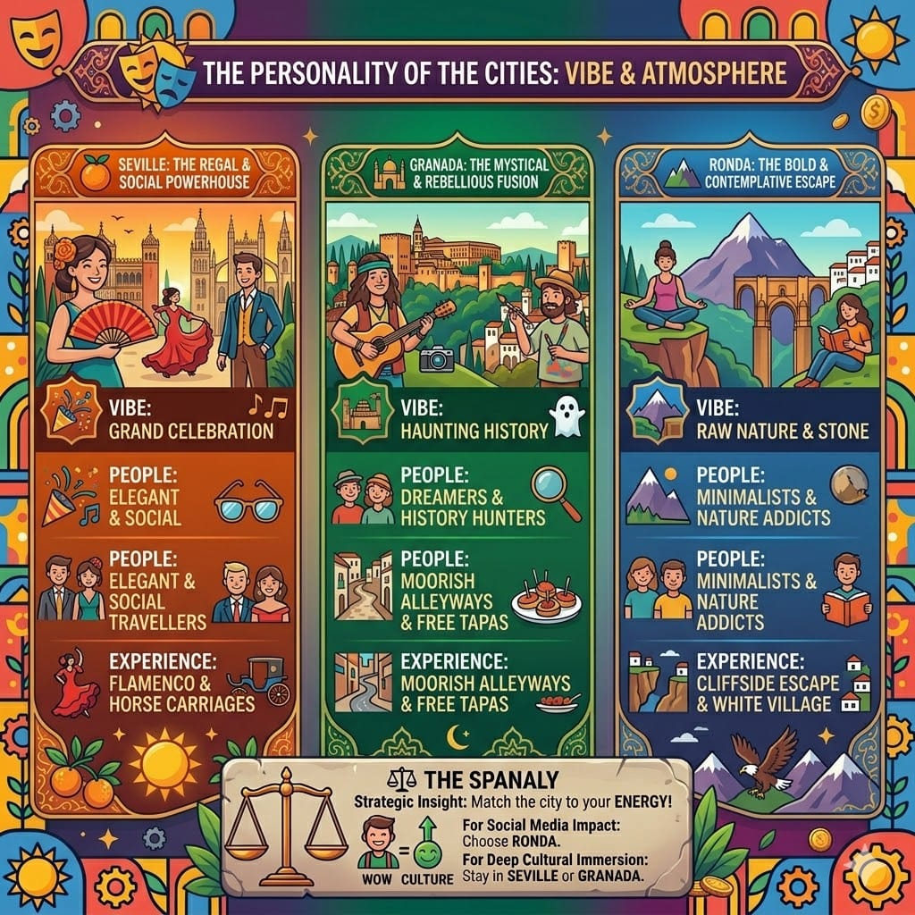 Colorful infographic comparing the travel vibes of Seville as regal, Granada as mystical with free tapas, and Ronda as a contemplative cliffside escape.