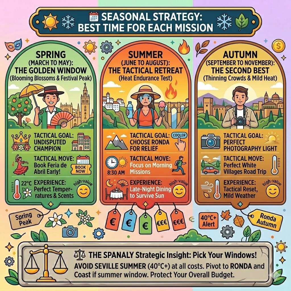 Tactical seasonal infographic for Andalusia showing the best months to visit Seville, Granada, and Ronda to avoid heatwaves and maximize travel ROI.