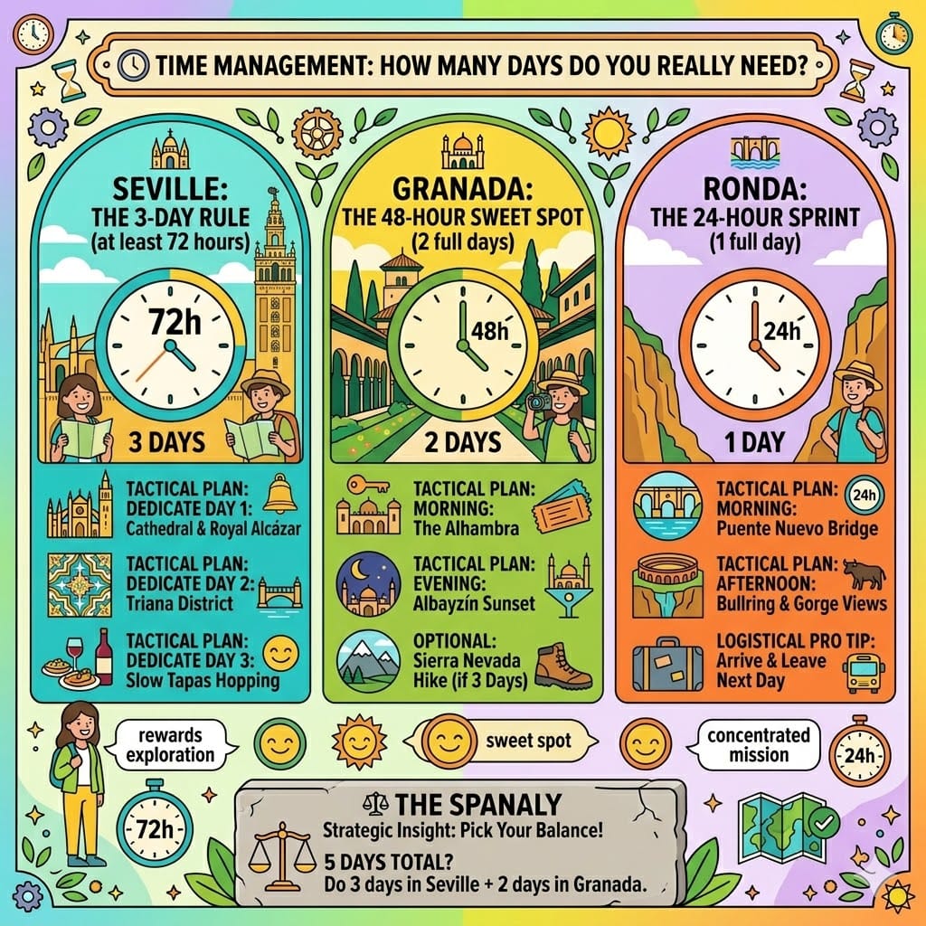 Tactical time management infographic for Southern Spain showing the 3-day rule for Seville, the 48-hour sweet spot for Granada, and the 24-hour sprint for Ronda.