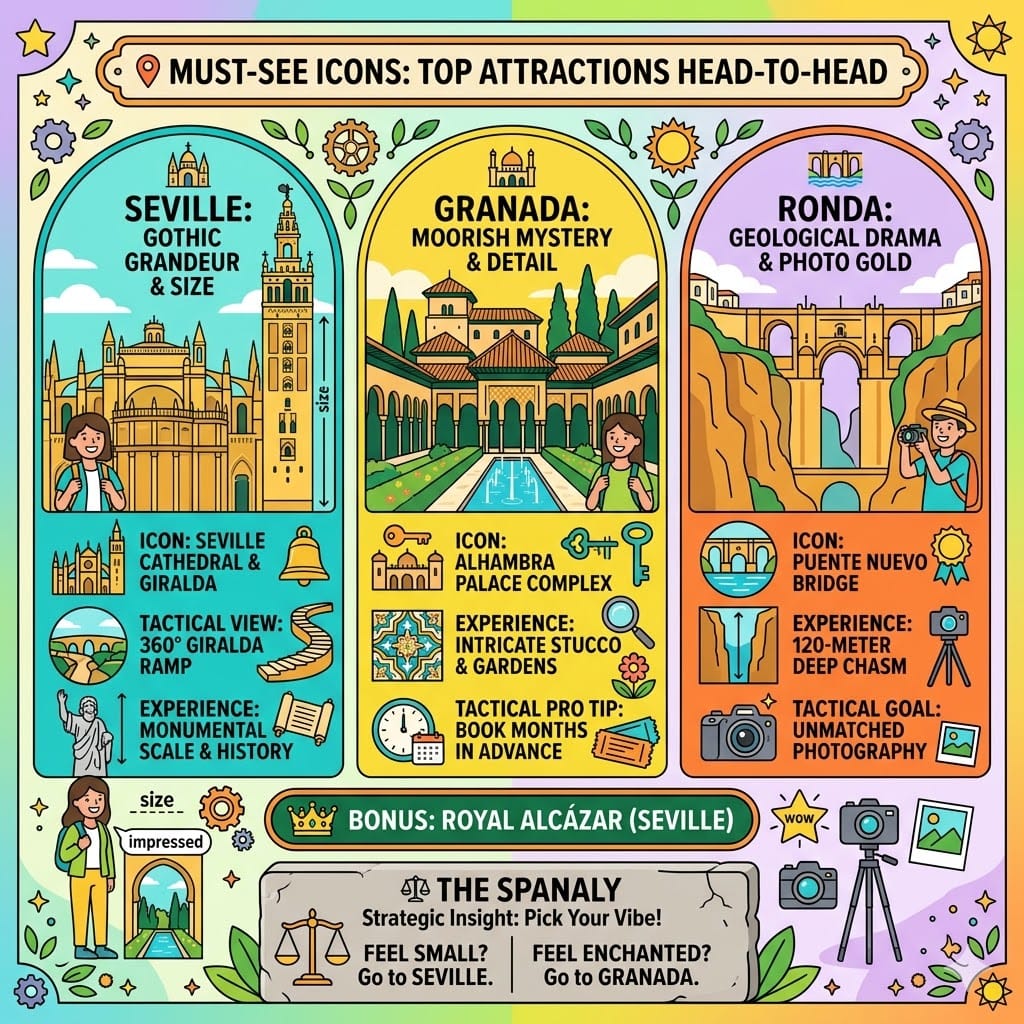 Tactical comparison infographic of top Spanish attractions: Seville Cathedral, Granada's Alhambra Palace, and Ronda's Puente Nuevo bridge with travel tips.