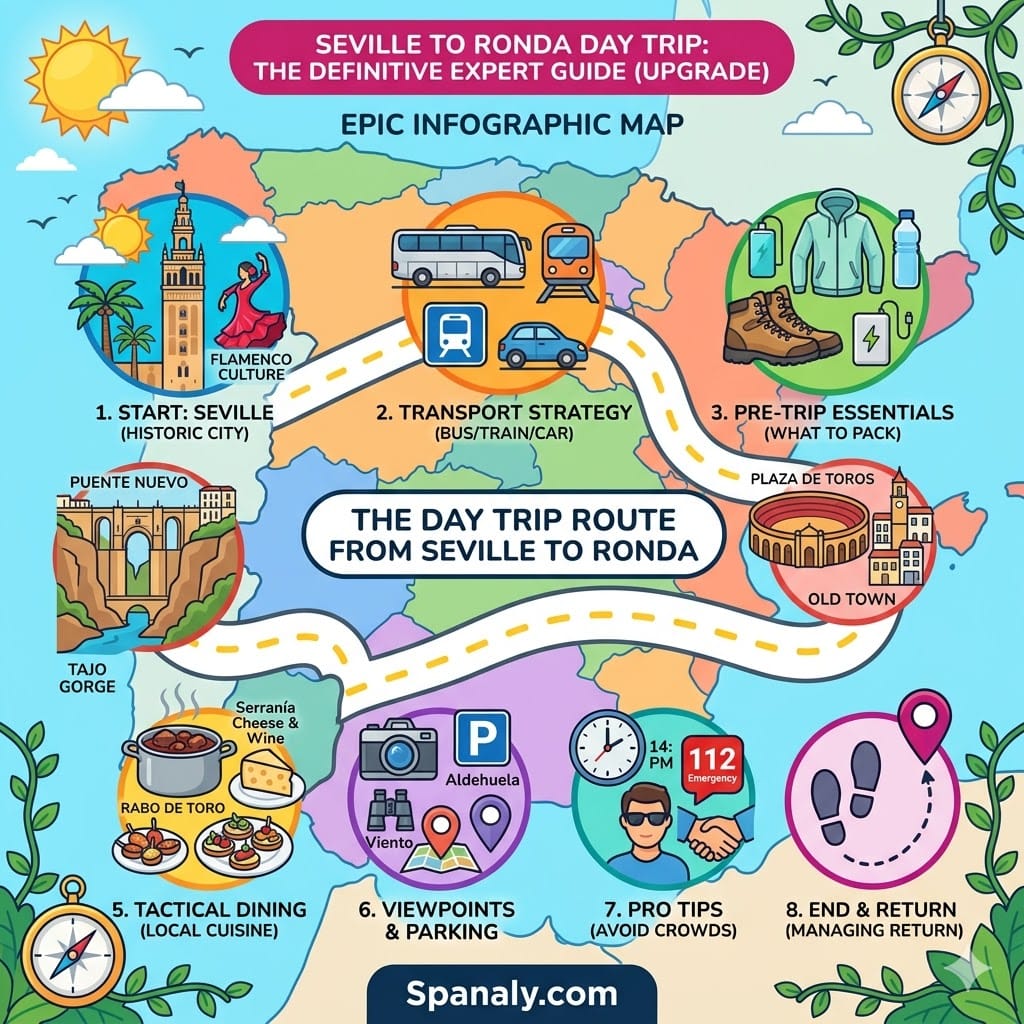 A vibrant epic infographic map illustrating the full day trip route from Seville to Ronda with icons for transport strategy, landmarks, and tactical dining on a Spain map background.