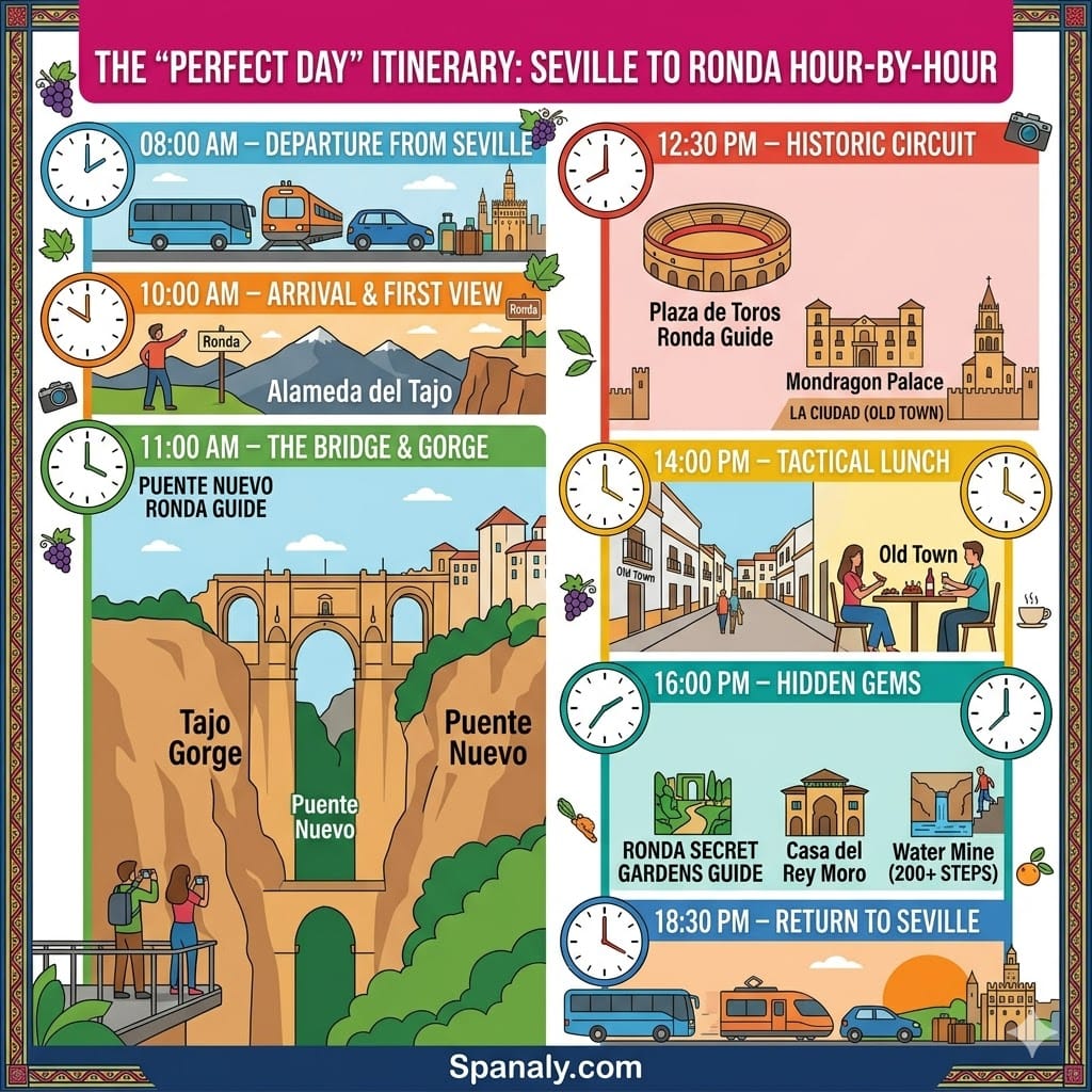 A vibrant colorful infographic vertical timeline for a Seville to Ronda day trip, featuring seven distinct hour-by-hour sections from morning departure to evening return. Icons and illustrations show bus, train, and car travel, mountains, Puente Nuevo, historic sites, dining, and secret gardens.