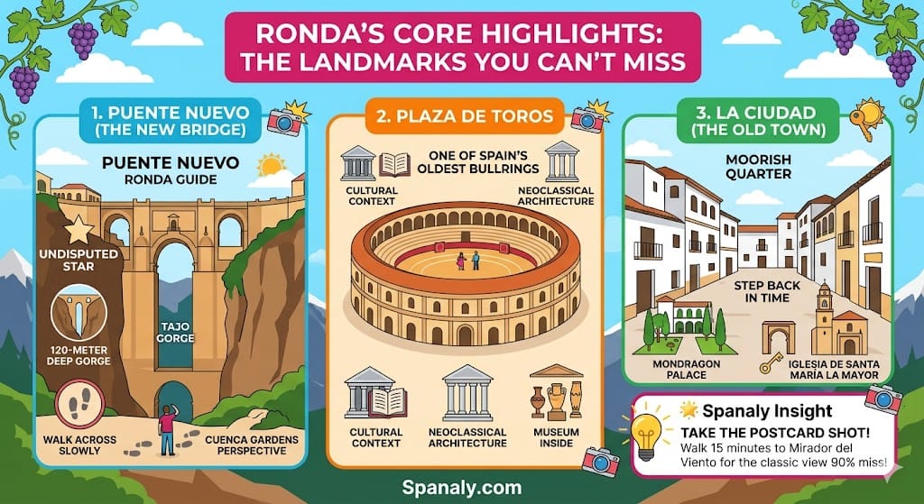 A vibrant, colorful infographic comparing three core highlights for a Seville to Ronda day trip, with detailed panels for Puente Nuevo (the new bridge), Plaza de Toros, and La Ciudad (the old town). It includes a distinct tip box with advice on taking the best postcard shot.