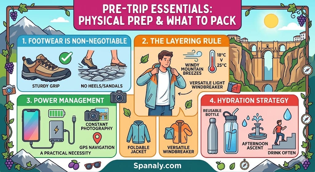 A vibrant, colorful infographic comparing four physical preparation and packing essentials for a Seville to Ronda day trip, with detailed panels for footwear grip, mountain layering, power management, and hydration strategy.