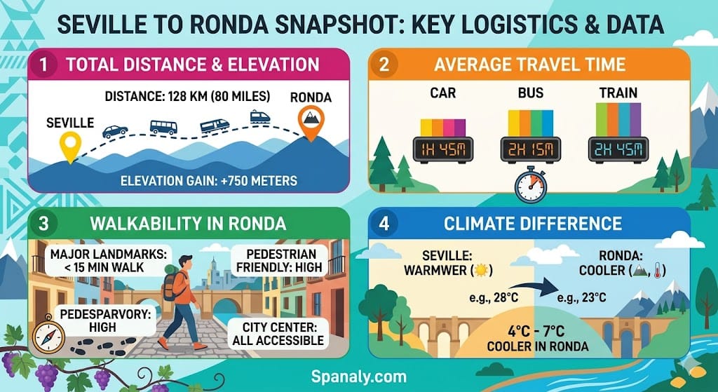 A vibrant infographic comparing key logistics for a Seville to Ronda day trip, including direct bus, rental car, and train travel times and costs, and highlights that Ronda is very walkable.