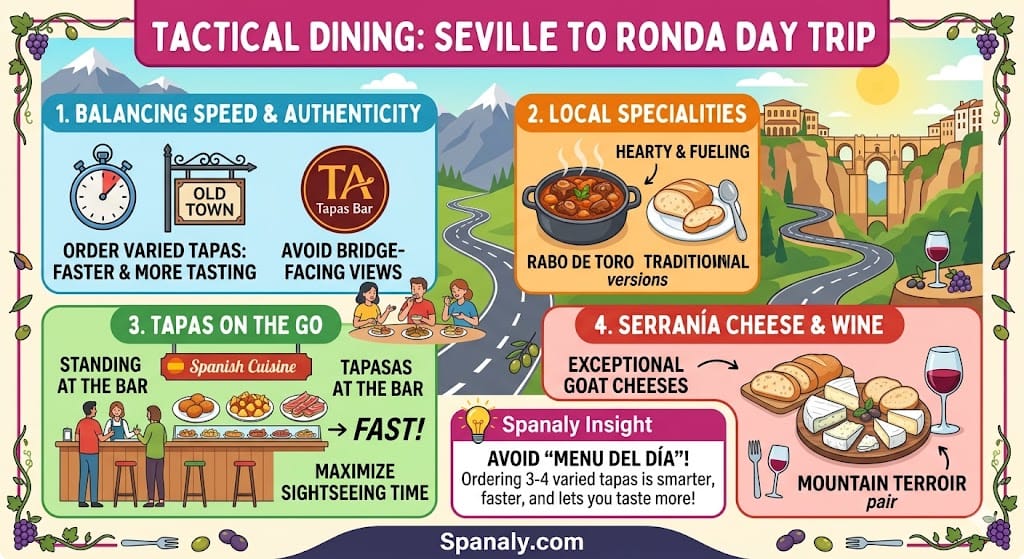 A vibrant, colorful infographic vertical timeline for a Seville to Ronda day trip, with four detailed tactical dining panels. Key icons compare speed vs authenticity, local specialties like Rabo de Toro, tapas on the go standing at the bar, and serranía cheese & wine pair against a mountain background.