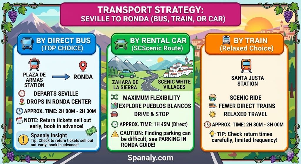 A vibrant infographic with three columns comparing transport options from Seville to Ronda, featuring detailed logistics for direct bus (top choice), scenic rental car route with white villages, and relaxed train choice.