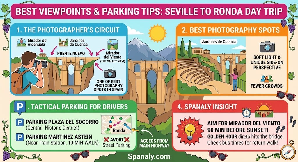 A colorful infographic showing the best photography viewpoints in Ronda and professional parking locations for a day trip from Seville, including Mirador de Aldehuela and Jardines de Cuenca.