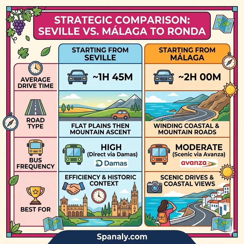A detailed comparison infographic between a day trip to Ronda starting from Seville versus starting from Málaga, showcasing drive times, road types, and bus frequency for 2026 travel planning.