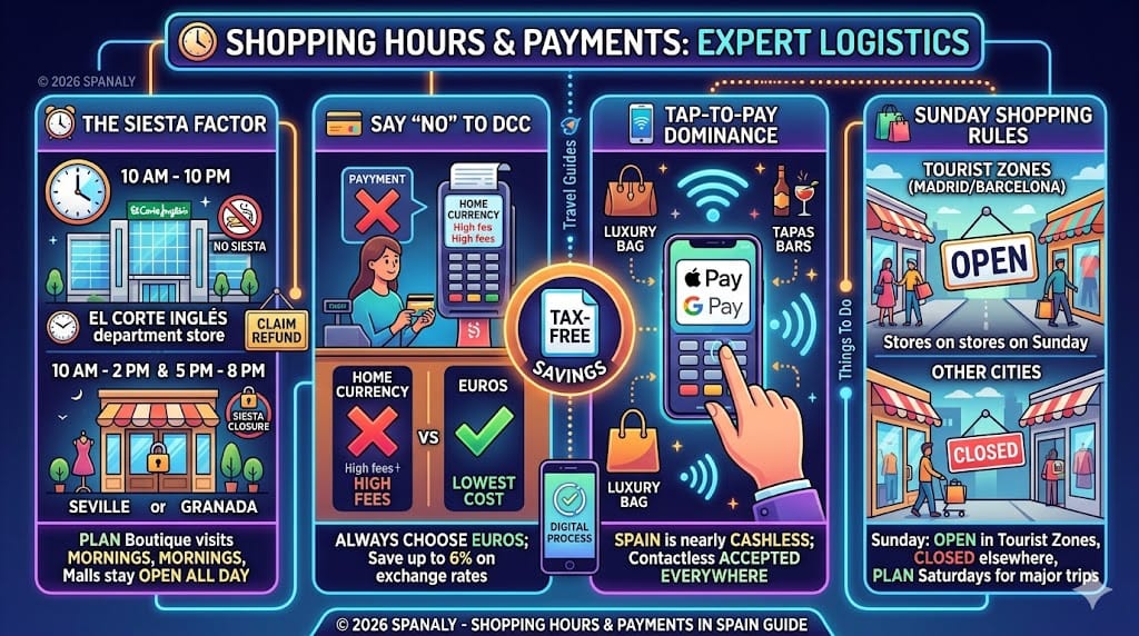 A vibrant illustrated infographic guide summarizing expert logistics for shopping hours and payments in Spain, highlighting the siesta factor, DCC conversion traps, tap-to-pay dominance, and Sunday shopping rules, all with no Arabic text.