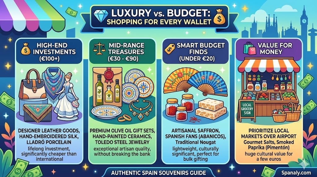 A horizontal infographic comparing Spanish souvenir prices, featuring luxury leather and silk investments, mid-range ceramics, and budget-friendly gifts like saffron and traditional fans.