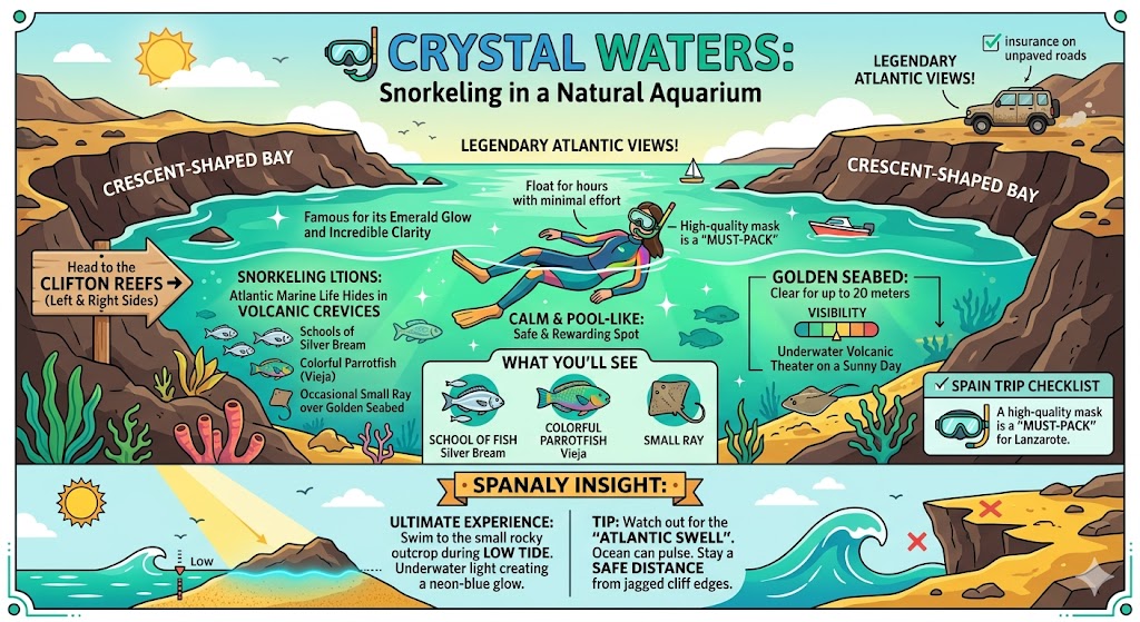 A vibrant infographic showing snorkeling tips for Playa de Papagayo in Lanzarote, featuring volcanic reefs, marine life like parrotfish and rays, and essential safety insights.