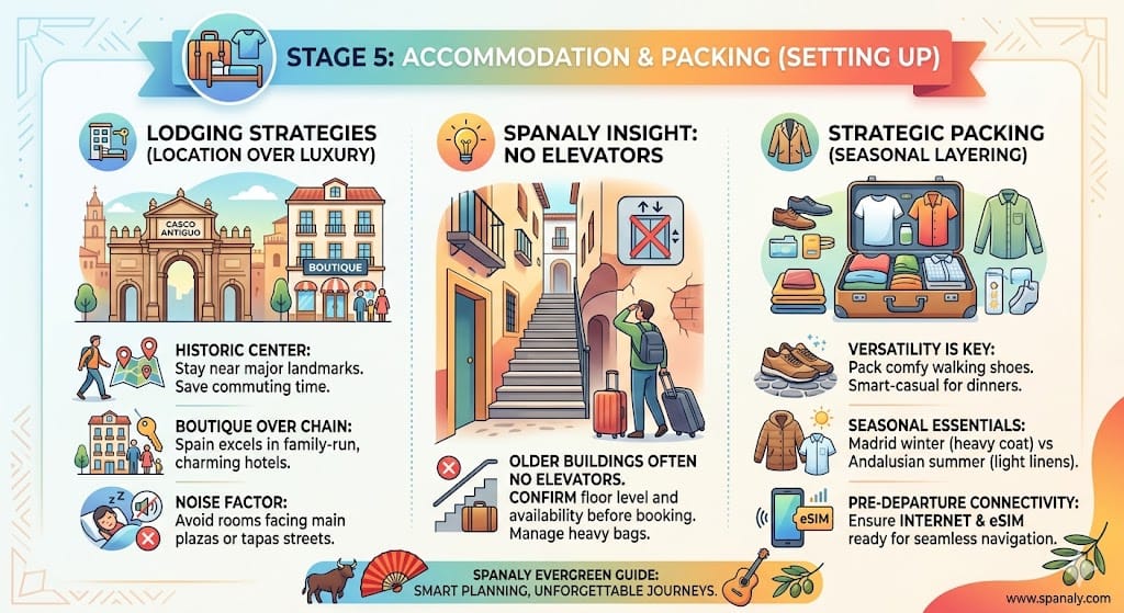 Infographic for planning a trip to Spain highlighting lodging strategies in historic centers, seasonal packing tips, and the importance of checking for elevators in older buildings.