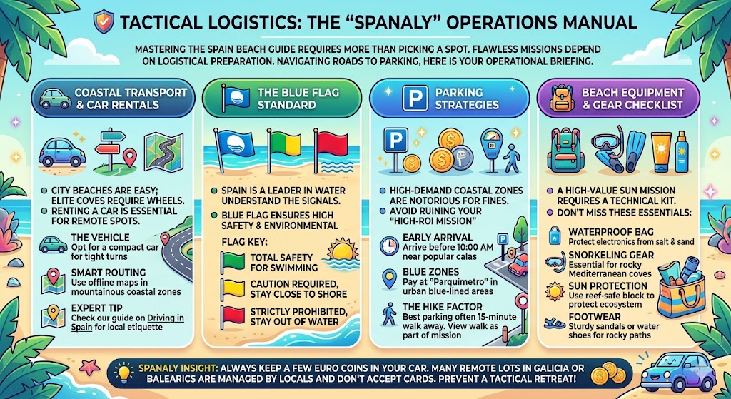 Tactical logistics infographic for Spain beaches showing car rental tips, blue flag safety signals, parking strategies, and essential beach gear checklist.