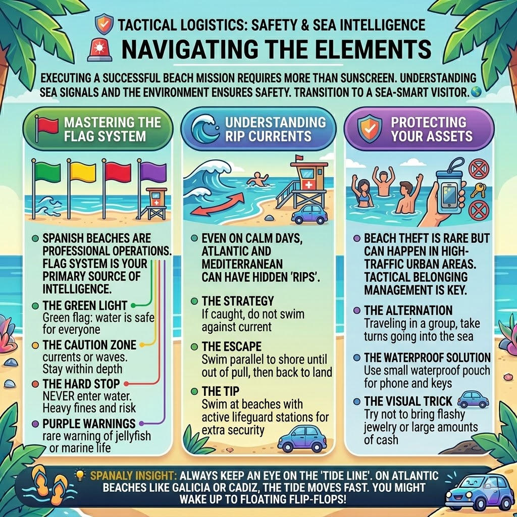 Sea safety infographic for Spain beaches explaining the flag system, rip current escape strategies, and beach theft prevention tips.