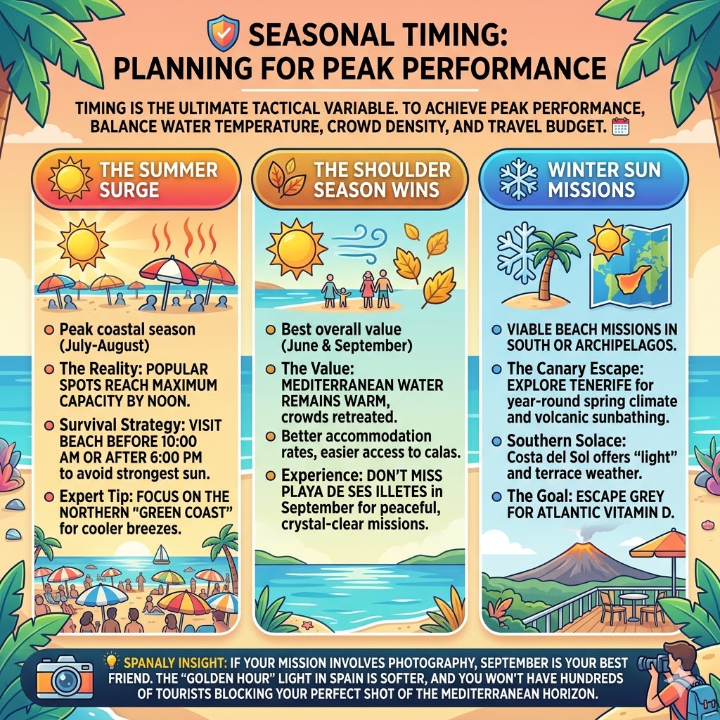 Tactical infographic for Spain beach timing, comparing Summer Surge, Shoulder Season (June & September), and Winter Sun missions with photography tips.