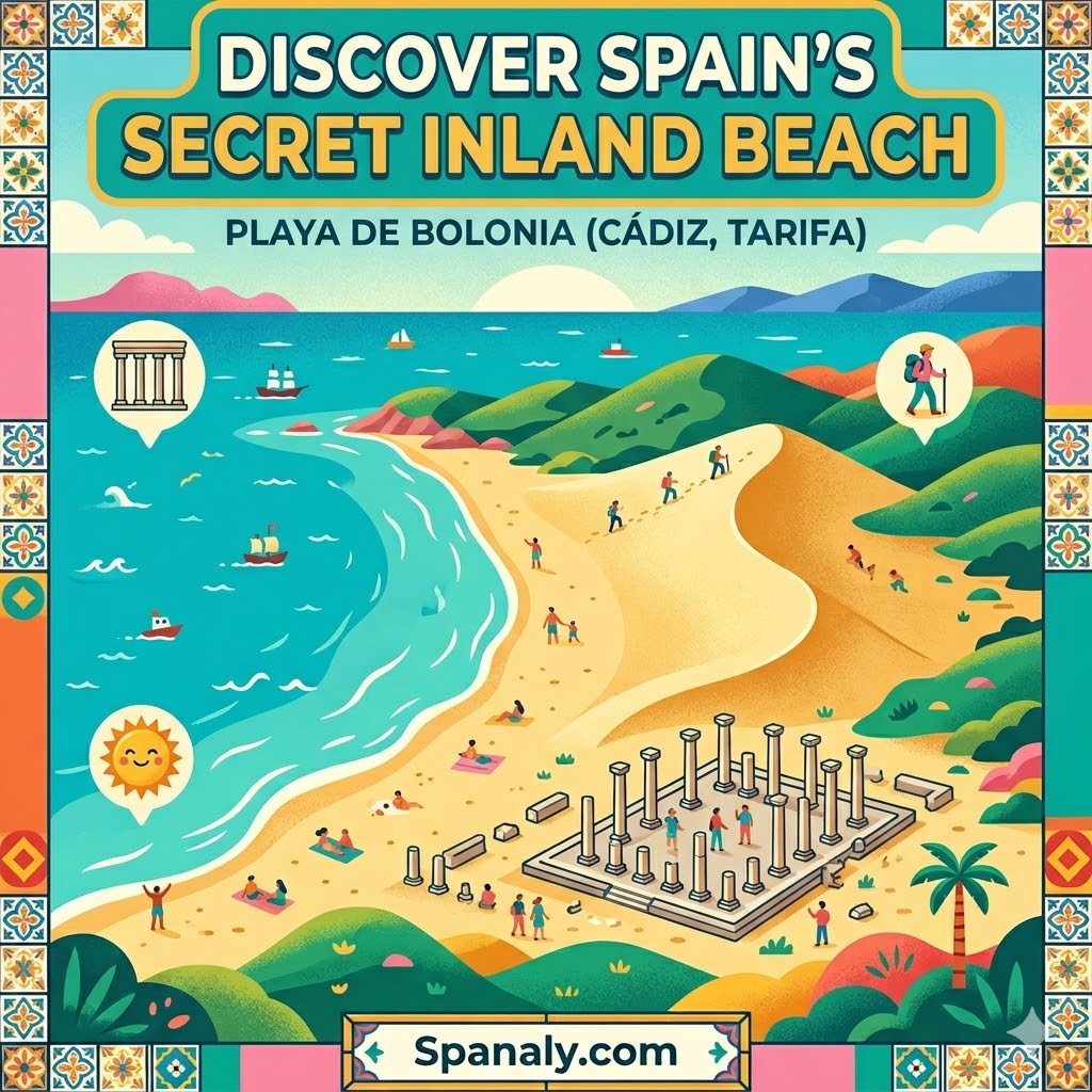 An epic infographic map of Playa de Bolonia in Tarifa, featuring the turquoise Atlantic Ocean, the massive golden sand dune, and the Baelo Claudia Roman ruins in a vibrant flat vector style.